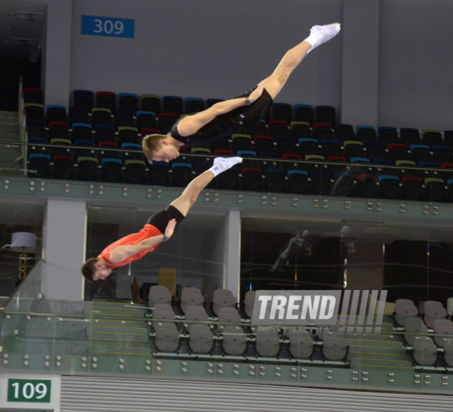 Bakıda batut gimnastikası üzrə Dünya Kubokunda iştirak edəcək idmançıların podium məşqləri. Azərbaycan, 4 mart, 2016